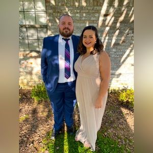 R&M Richards long vneck crinkle gown champagne sparkle gold